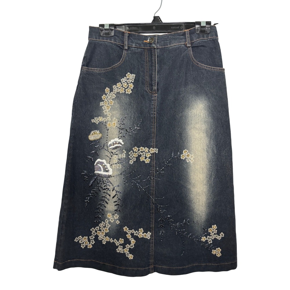 Y2K Holy Dark Wash Embroidered Beaded Floral Denim Midi Skirt Blue